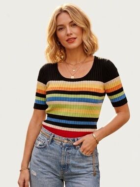 August Silk Ribbed 100% Silk Knit Sweater Top Stretch Crew Stripes Rainbow Black